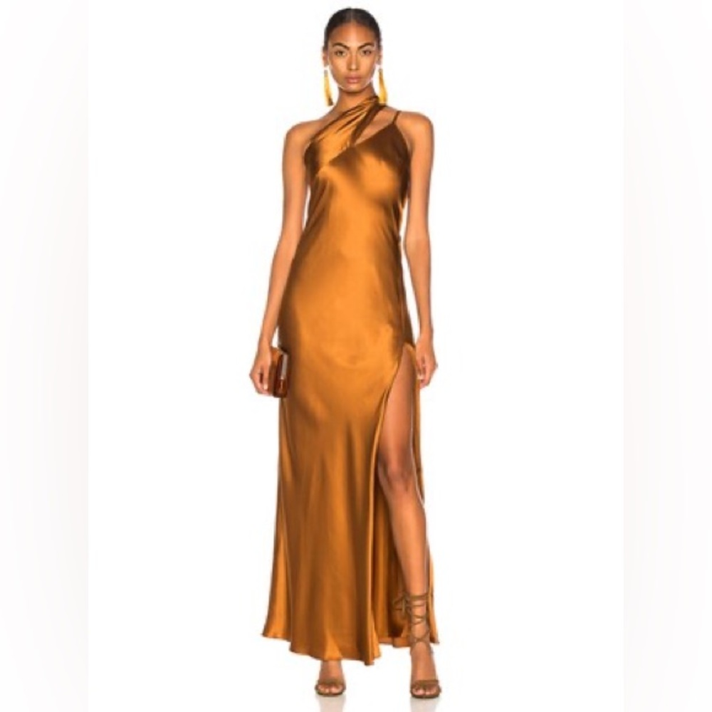 Michelle Mason One Shoulder Gown with Tie - Toffee